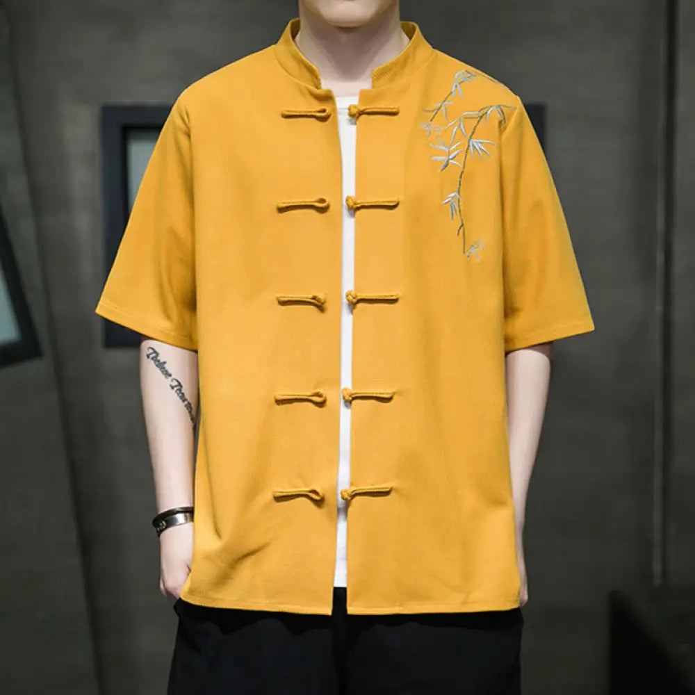 Buddha Stones Frog-Button Leaf Dragonfly Embroidery Men’s Short Sleeve Shirt - Gold / US/UK/AU34，EU44 (M) - Men’s Shirts