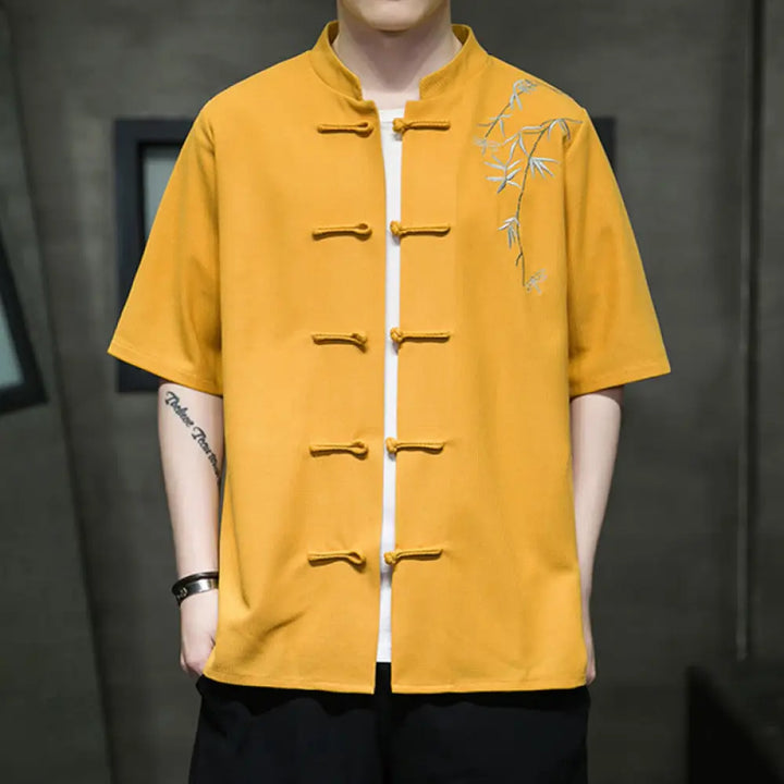 Buddha Stones Frog-Button Leaf Dragonfly Embroidery Men’s Short Sleeve Shirt - Gold / US/UK/AU34，EU44 (M) - Men’s Shirts