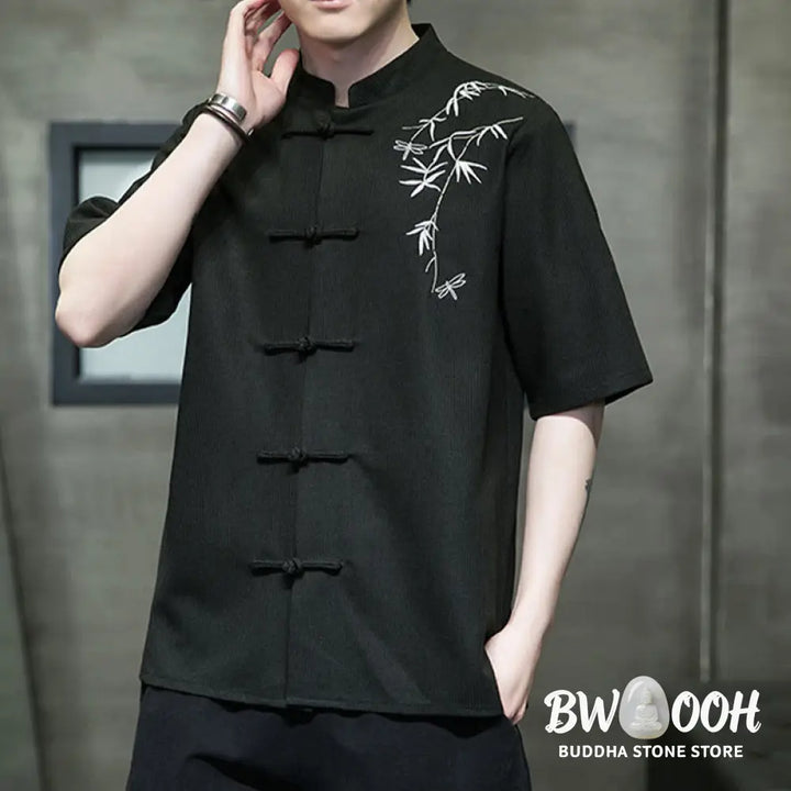 Buddha Stones Frog-Button Leaf Dragonfly Embroidery Men’s Short Sleeve Shirt - Men’s Shirts