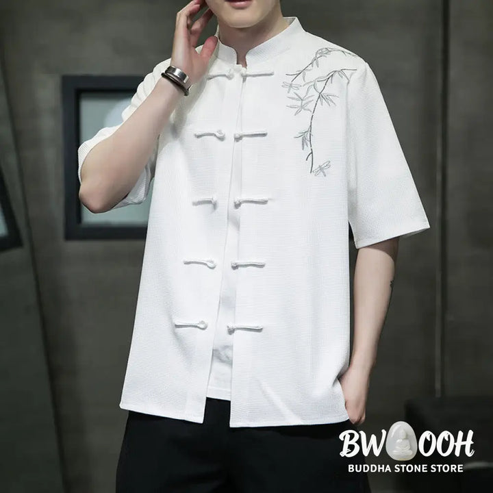 Buddha Stones Frog-Button Leaf Dragonfly Embroidery Men’s Short Sleeve Shirt - Men’s Shirts