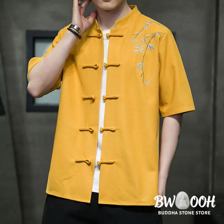 Buddha Stones Frog-Button Leaf Dragonfly Embroidery Men’s Short Sleeve Shirt - Men’s Shirts