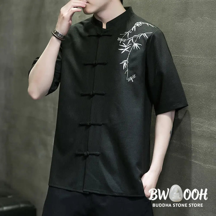 Buddha Stones Frog-Button Leaf Dragonfly Embroidery Men’s Short Sleeve Shirt - Men’s Shirts