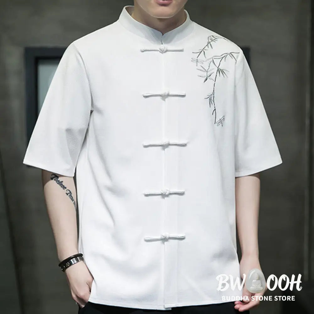 Buddha Stones Frog-Button Leaf Dragonfly Embroidery Men’s Short Sleeve Shirt - Men’s Shirts
