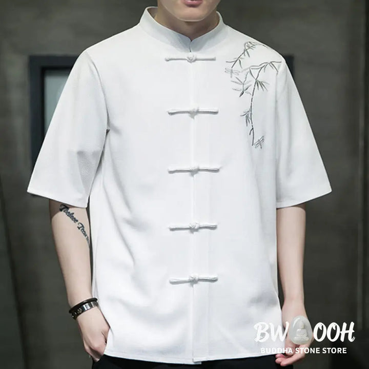 Buddha Stones Frog-Button Leaf Dragonfly Embroidery Men’s Short Sleeve Shirt - Men’s Shirts