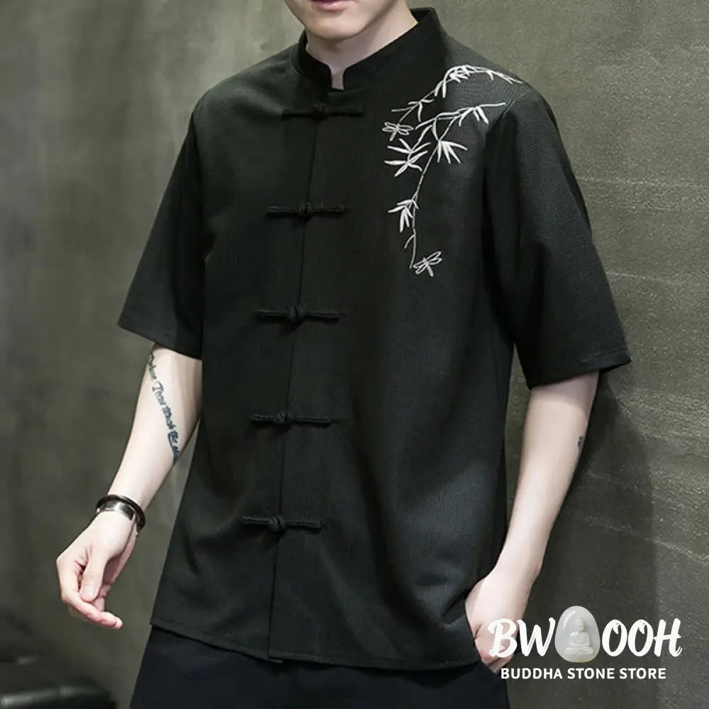 Buddha Stones Frog-Button Leaf Dragonfly Embroidery Men’s Short Sleeve Shirt - Men’s Shirts