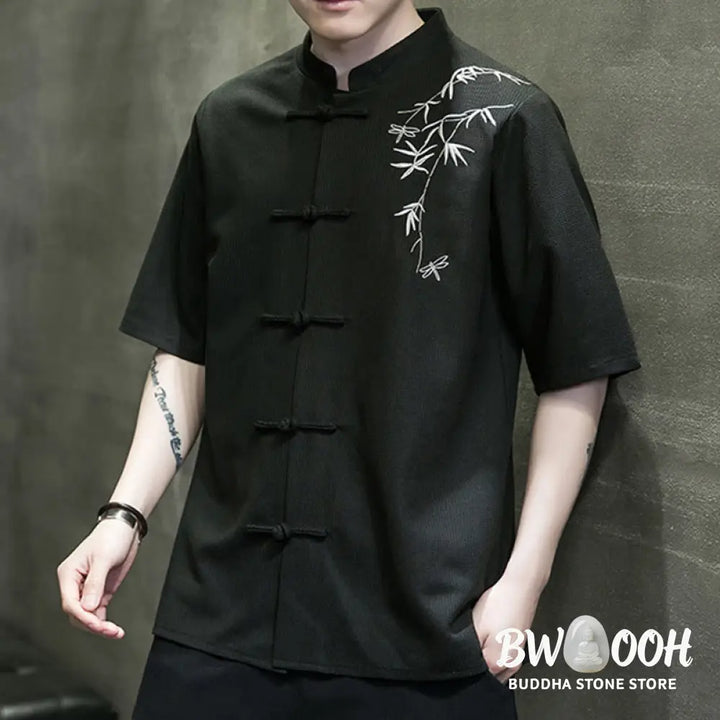 Buddha Stones Frog-Button Leaf Dragonfly Embroidery Men’s Short Sleeve Shirt - Men’s Shirts