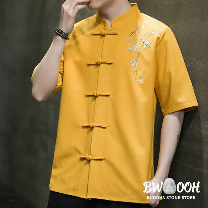 Buddha Stones Frog-Button Leaf Dragonfly Embroidery Men’s Short Sleeve Shirt - Men’s Shirts