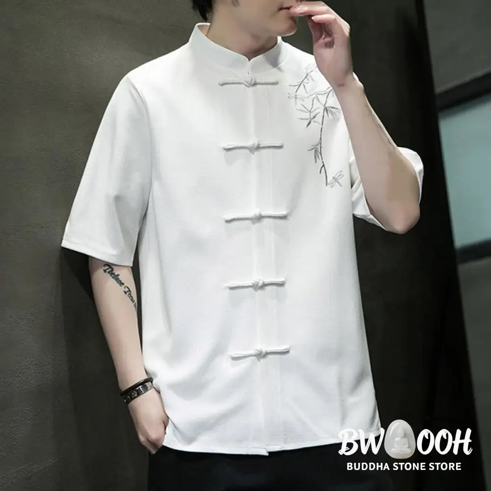 Buddha Stones Frog-Button Leaf Dragonfly Embroidery Men’s Short Sleeve Shirt - Men’s Shirts