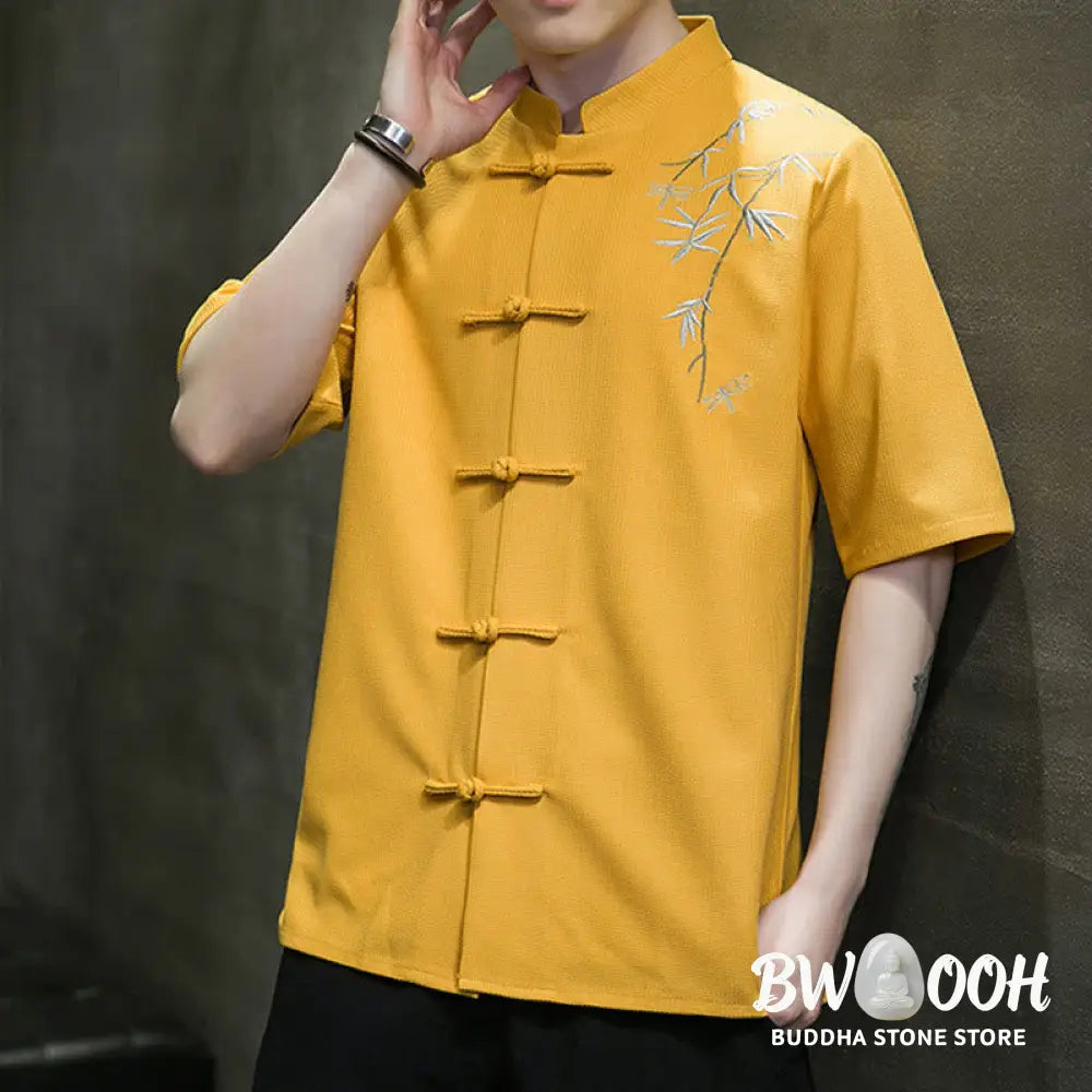 Buddha Stones Frog-Button Leaf Dragonfly Embroidery Men’s Short Sleeve Shirt - Men’s Shirts