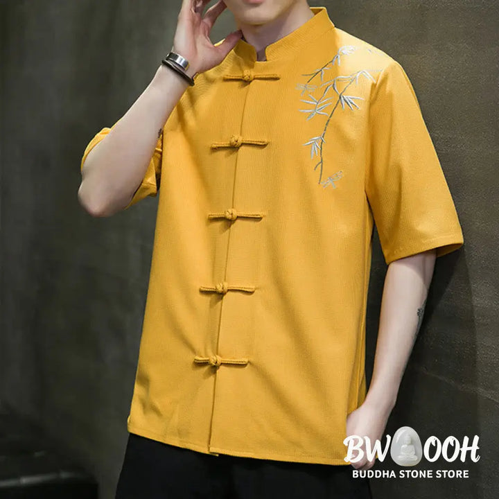 Buddha Stones Frog-Button Leaf Dragonfly Embroidery Men’s Short Sleeve Shirt - Men’s Shirts