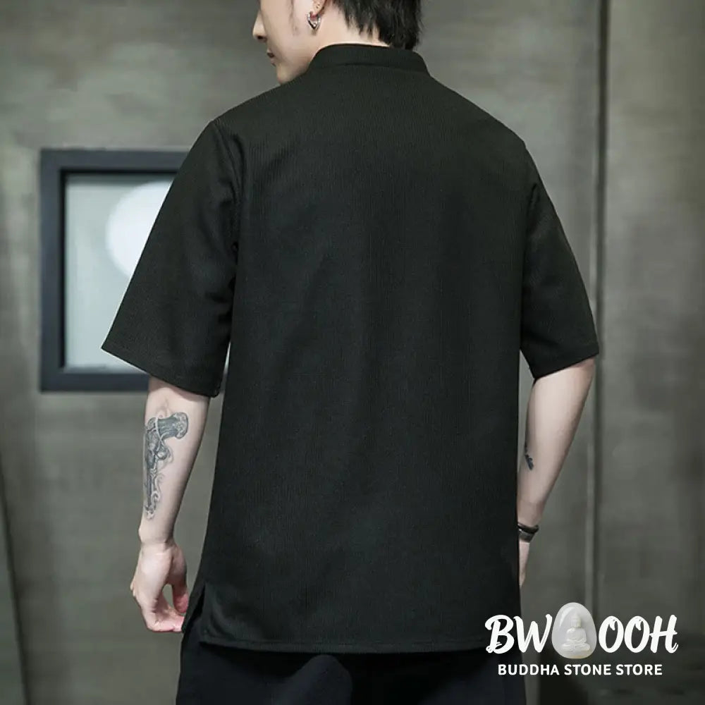 Buddha Stones Frog-Button Leaf Dragonfly Embroidery Men’s Short Sleeve Shirt - Men’s Shirts