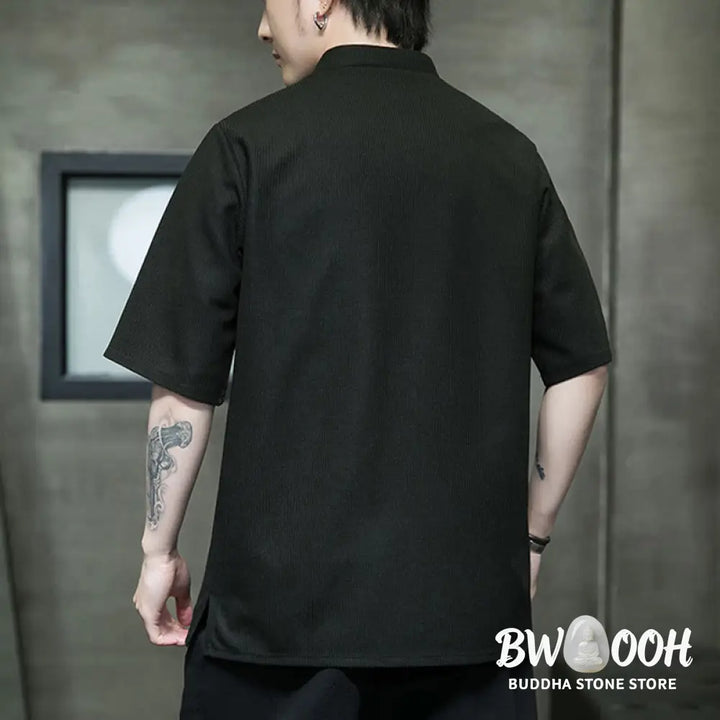 Buddha Stones Frog-Button Leaf Dragonfly Embroidery Men’s Short Sleeve Shirt - Men’s Shirts