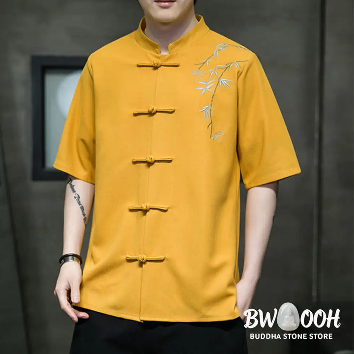 Buddha Stones Frog-Button Leaf Dragonfly Embroidery Men’s Short Sleeve Shirt - Men’s Shirts