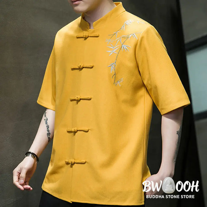 Buddha Stones Frog-Button Leaf Dragonfly Embroidery Men’s Short Sleeve Shirt - Men’s Shirts