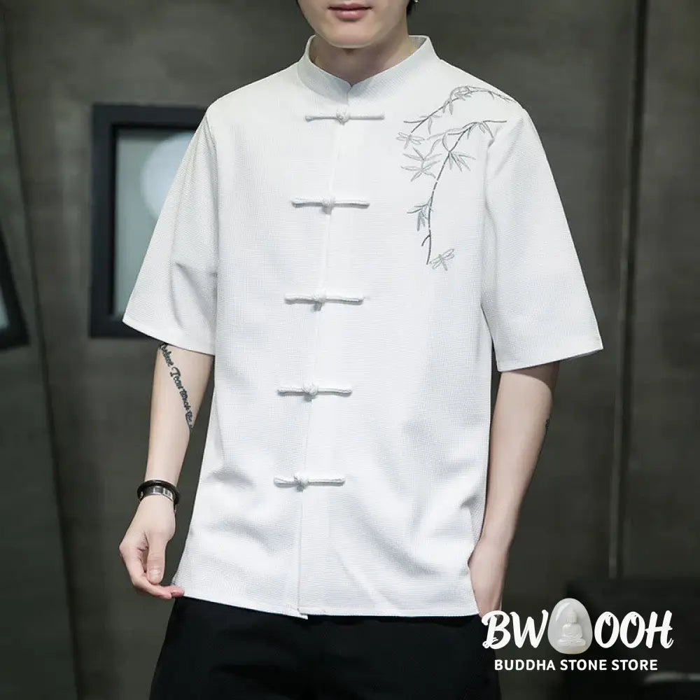 Buddha Stones Frog-Button Leaf Dragonfly Embroidery Men’s Short Sleeve Shirt - Men’s Shirts