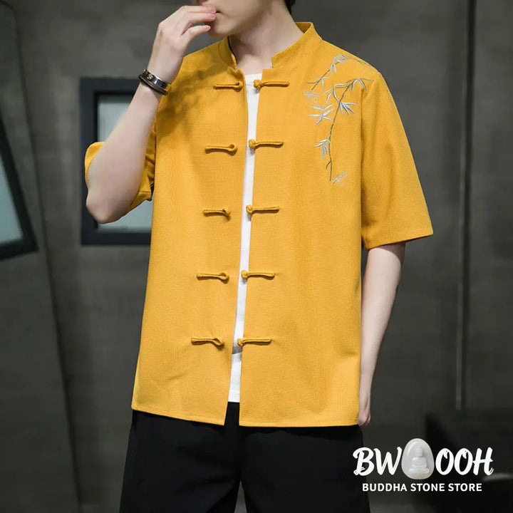 Buddha Stones Frog-Button Leaf Dragonfly Embroidery Men’s Short Sleeve Shirt - Men’s Shirts