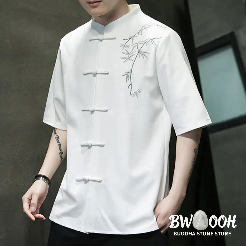 Buddha Stones Frog-Button Leaf Dragonfly Embroidery Men’s Short Sleeve Shirt - Men’s Shirts