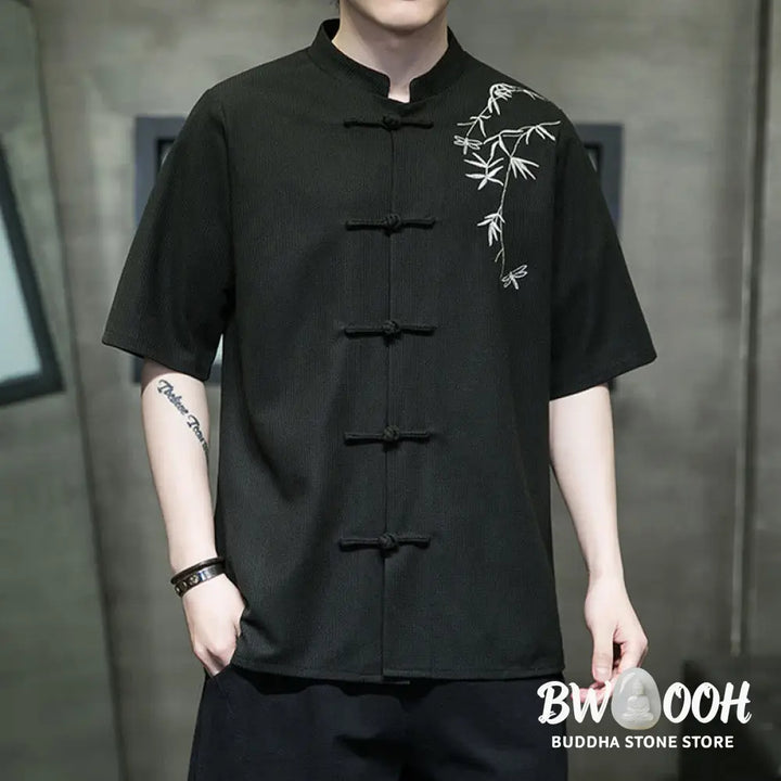 Buddha Stones Frog-Button Leaf Dragonfly Embroidery Men’s Short Sleeve Shirt - Men’s Shirts