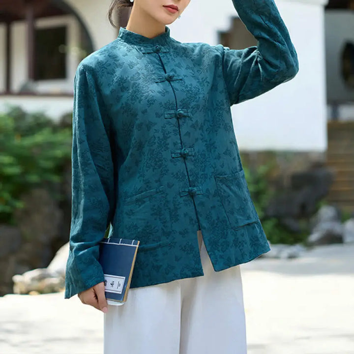 Buddha Stones Frog-Button Long Sleeve Cotton Jacquard Women’s Shirt Pants With Pockets - Blue Shirt / US4，UK/AU8，EU36
