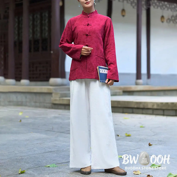 Buddha Stones Frog-Button Long Sleeve Cotton Jacquard Women’s Shirt Pants With Pockets - Women’s Meditation Cloth