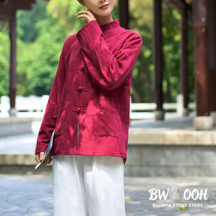 Buddha Stones Frog-Button Long Sleeve Cotton Jacquard Women’s Shirt Pants With Pockets - Women’s Meditation Cloth