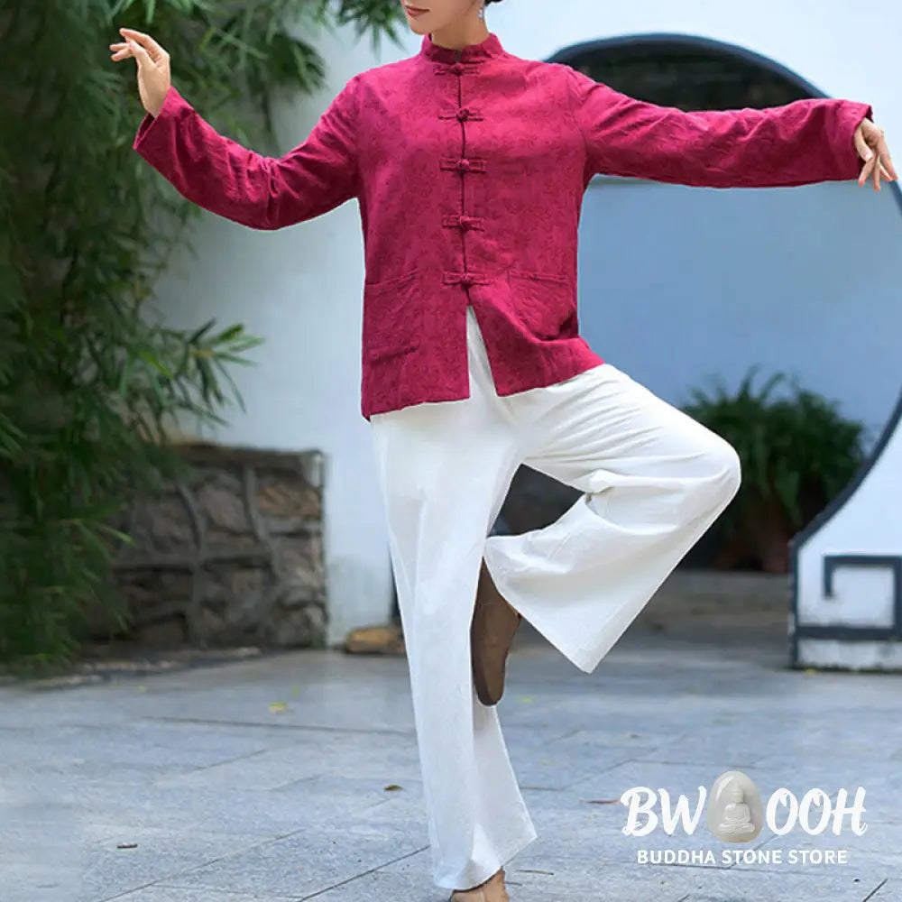 Buddha Stones Frog-Button Long Sleeve Cotton Jacquard Women’s Shirt Pants With Pockets - Women’s Meditation Cloth