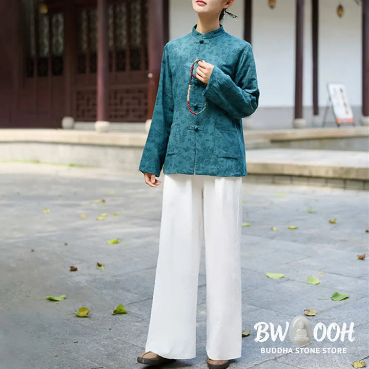 Buddha Stones Frog-Button Long Sleeve Cotton Jacquard Women’s Shirt Pants With Pockets - Women’s Meditation Cloth