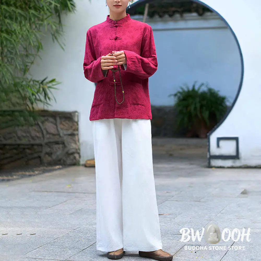 Buddha Stones Frog-Button Long Sleeve Cotton Jacquard Women’s Shirt Pants With Pockets - Women’s Meditation Cloth