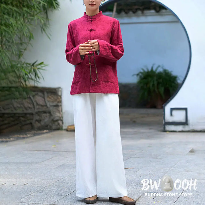 Buddha Stones Frog-Button Long Sleeve Cotton Jacquard Women’s Shirt Pants With Pockets - Women’s Meditation Cloth