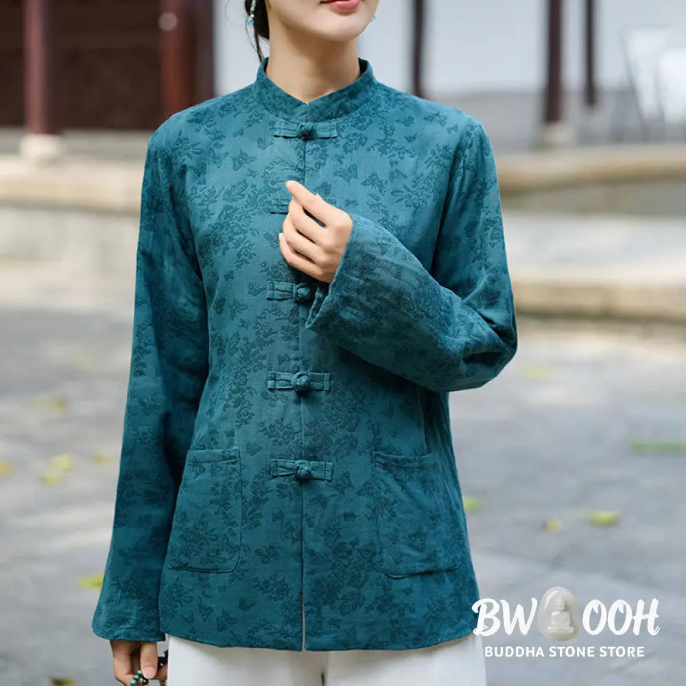 Buddha Stones Frog-Button Long Sleeve Cotton Jacquard Women’s Shirt Pants With Pockets - Women’s Meditation Cloth