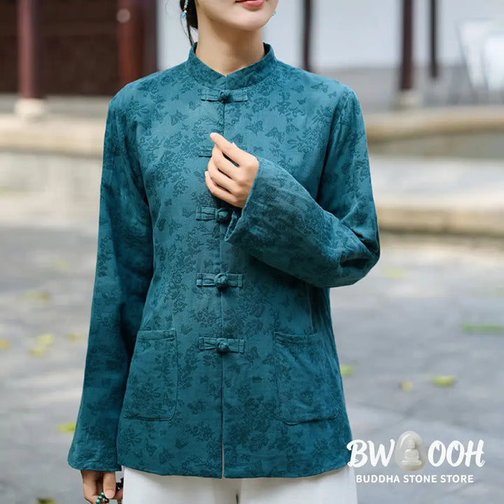 Buddha Stones Frog-Button Long Sleeve Cotton Jacquard Women’s Shirt Pants With Pockets - Women’s Meditation Cloth