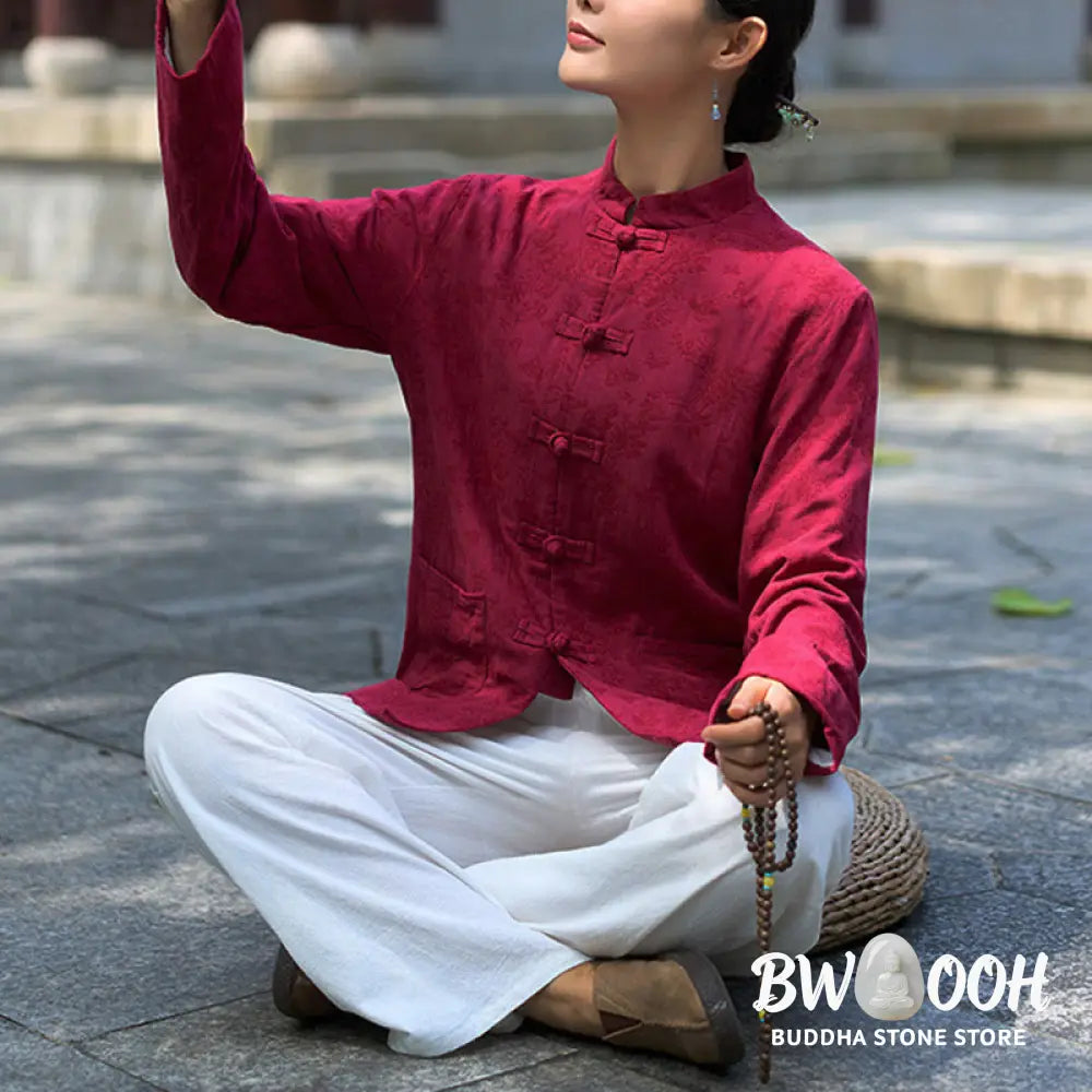 Buddha Stones Frog-Button Long Sleeve Cotton Jacquard Women’s Shirt Pants With Pockets - Women’s Meditation Cloth