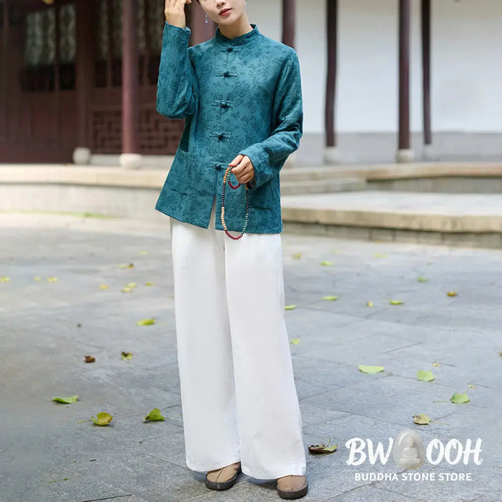 Buddha Stones Frog-Button Long Sleeve Cotton Jacquard Women’s Shirt Pants With Pockets - Women’s Meditation Cloth