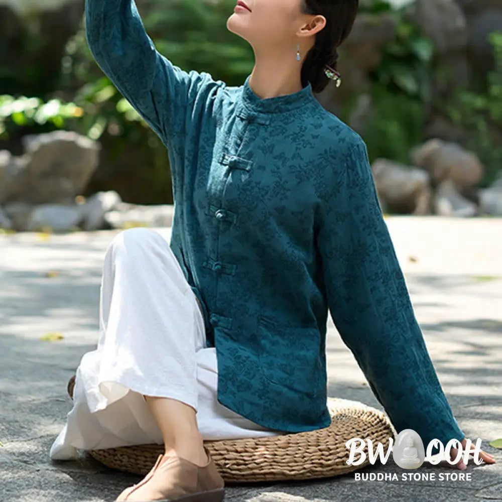 Buddha Stones Frog-Button Long Sleeve Cotton Jacquard Women’s Shirt Pants With Pockets - Women’s Meditation Cloth