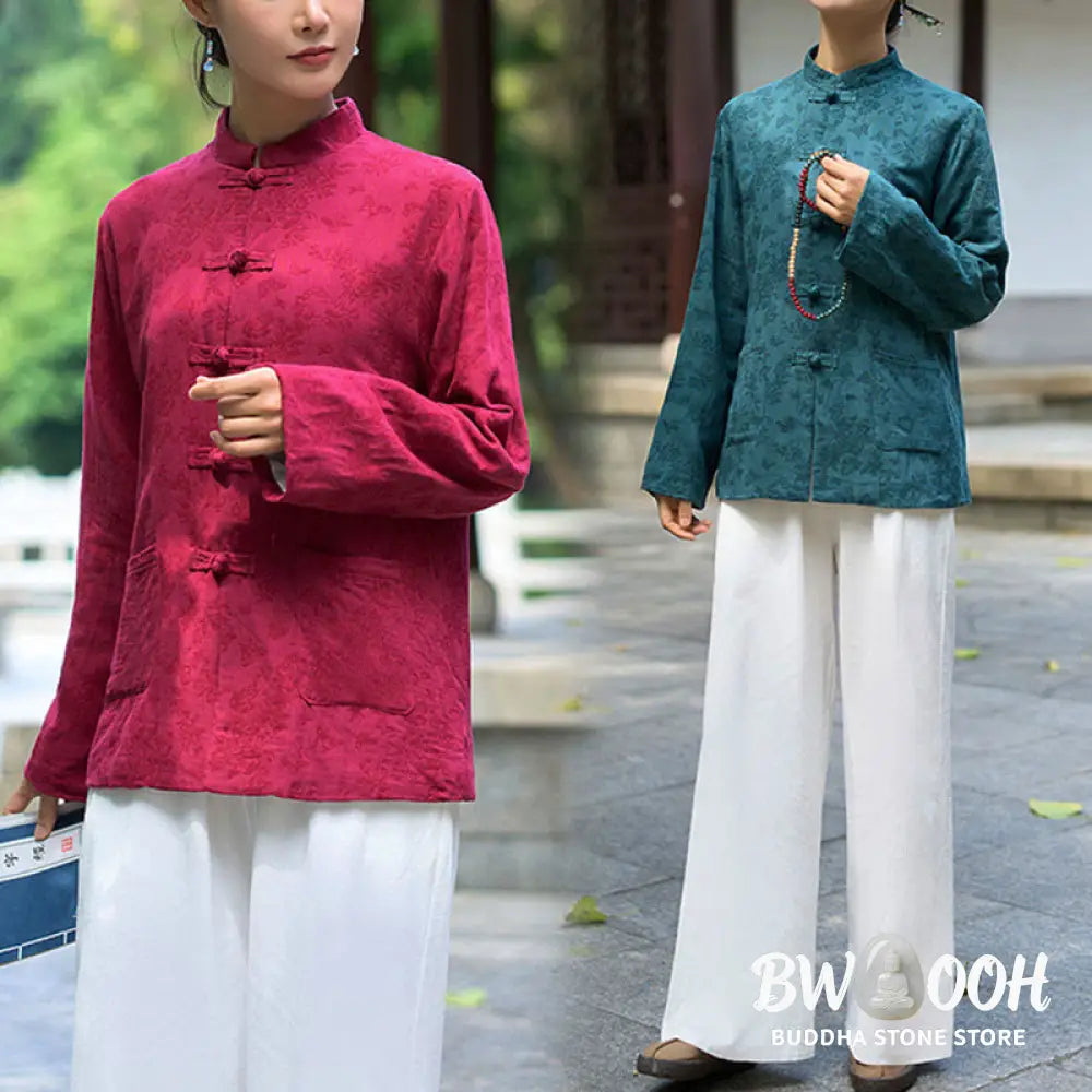 Buddha Stones Frog-Button Long Sleeve Cotton Jacquard Women’s Shirt Pants With Pockets - Women’s Meditation Cloth