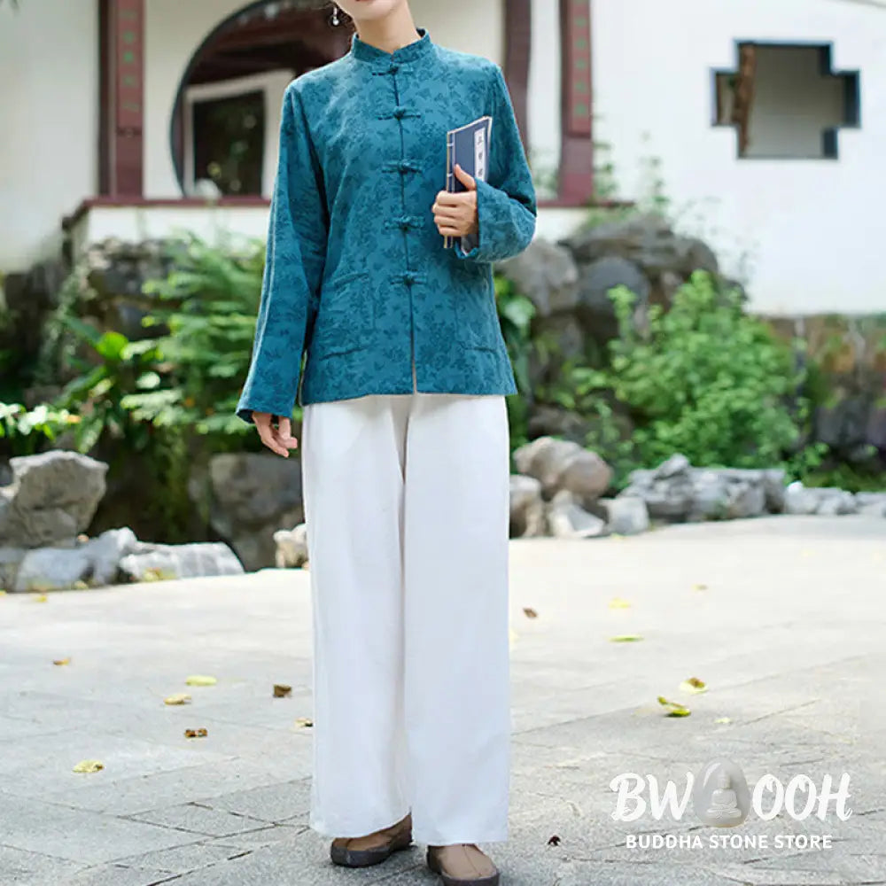 Buddha Stones Frog-Button Long Sleeve Cotton Jacquard Women’s Shirt Pants With Pockets - Women’s Meditation Cloth