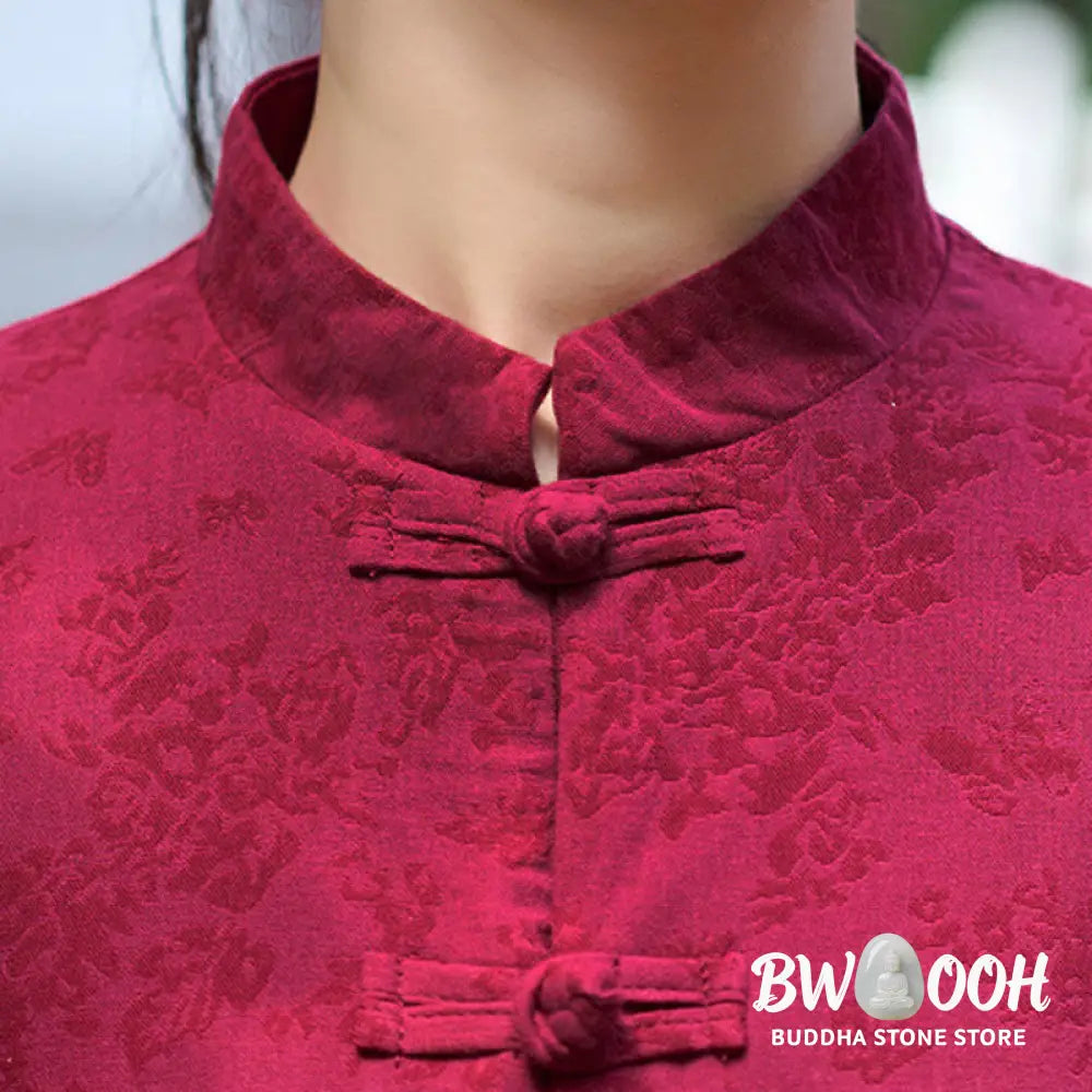 Buddha Stones Frog-Button Long Sleeve Cotton Jacquard Women’s Shirt Pants With Pockets - Women’s Meditation Cloth