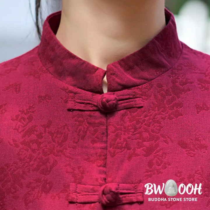 Buddha Stones Frog-Button Long Sleeve Cotton Jacquard Women’s Shirt Pants With Pockets - Women’s Meditation Cloth