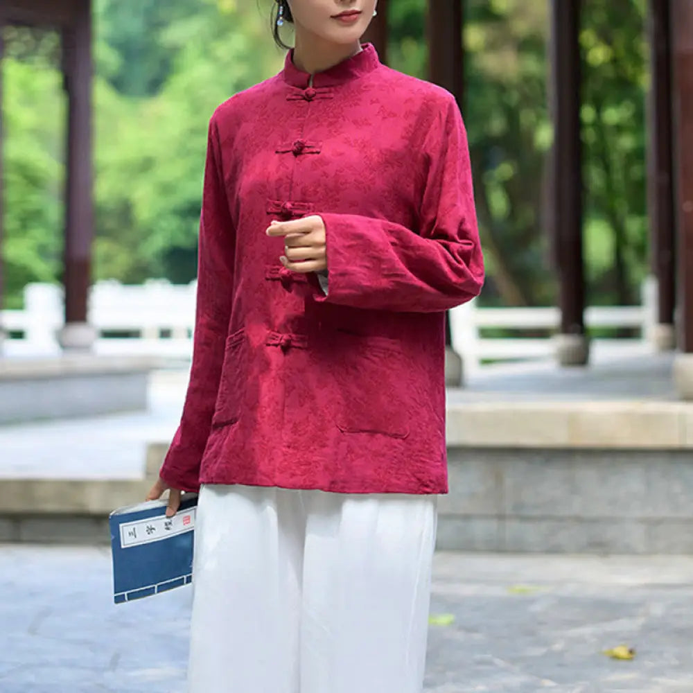 Buddha Stones Frog-Button Long Sleeve Cotton Jacquard Women’s Shirt Pants With Pockets - Red Shirt / US4，UK/AU8，EU36