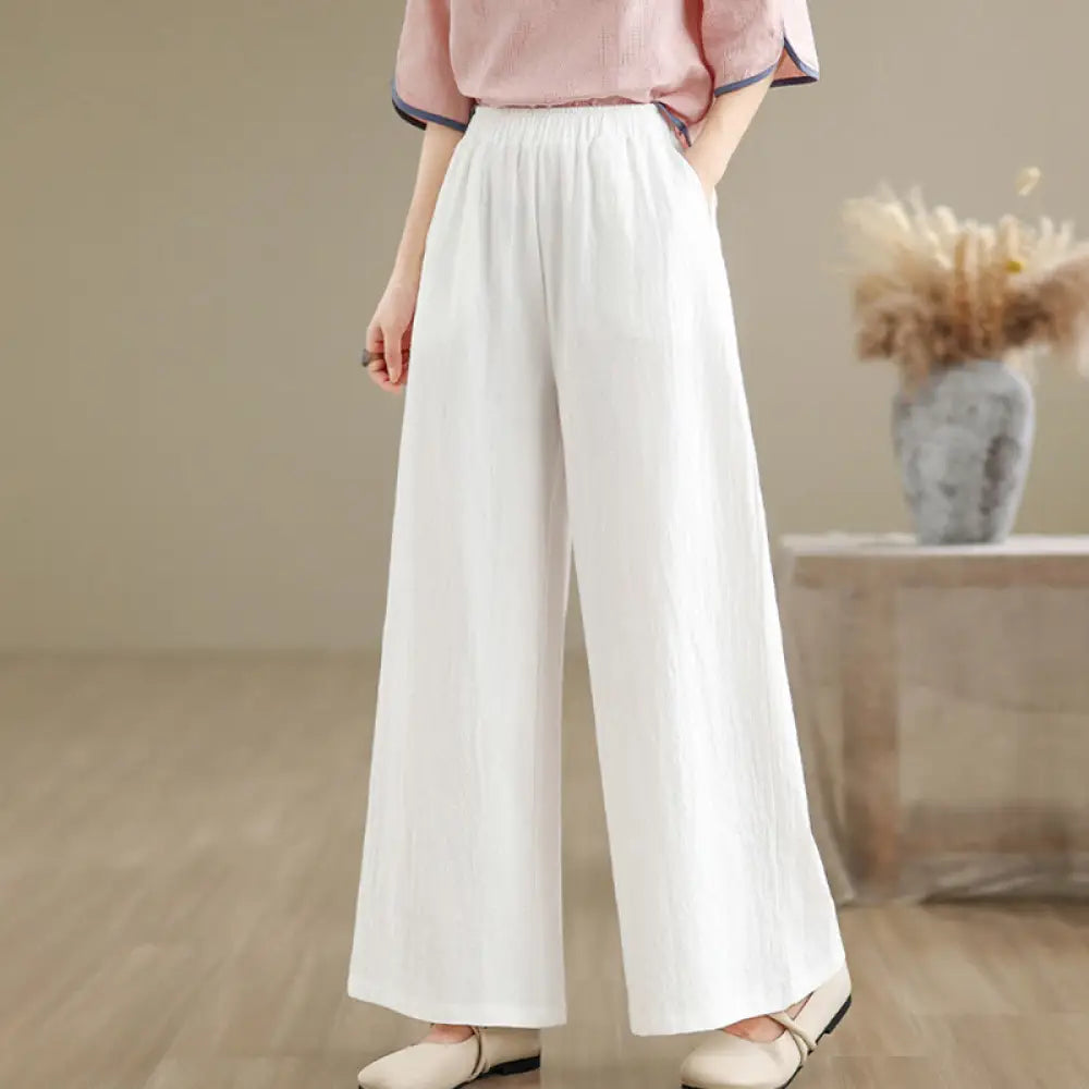 Buddha Stones Frog-Button Long Sleeve Cotton Jacquard Women’s Shirt Pants With Pockets - White Pants / US4，UK/AU8，EU36