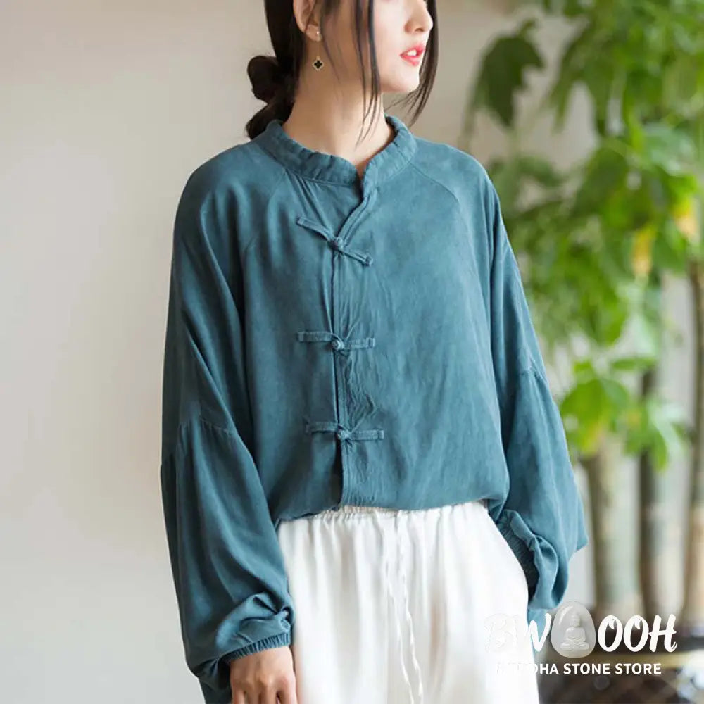 Buddha Stones Frog-Button Long Sleeve Shirt Zen Tai Chi Meditation Top Hanfu Clothing Jacket - Long Sleeve Shirt
