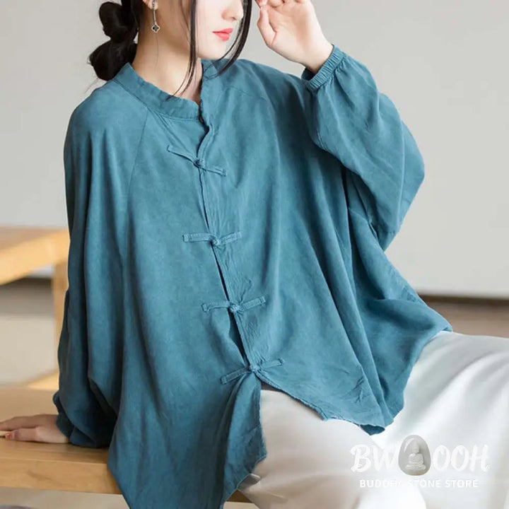Buddha Stones Frog-Button Long Sleeve Shirt Zen Tai Chi Meditation Top Hanfu Clothing Jacket - Long Sleeve Shirt