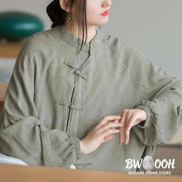 Buddha Stones Frog-Button Long Sleeve Shirt Zen Tai Chi Meditation Top Hanfu Clothing Jacket - Long Sleeve Shirt