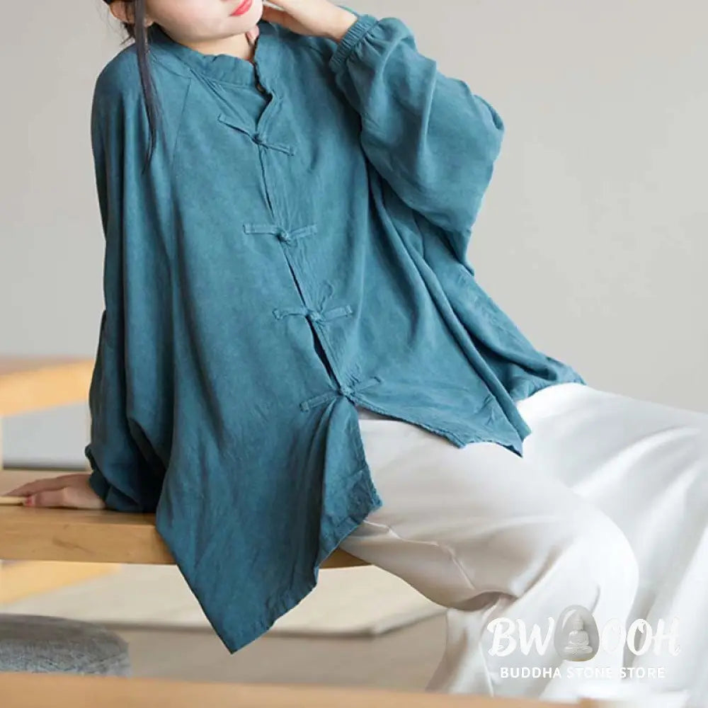 Buddha Stones Frog-Button Long Sleeve Shirt Zen Tai Chi Meditation Top Hanfu Clothing Jacket - Long Sleeve Shirt
