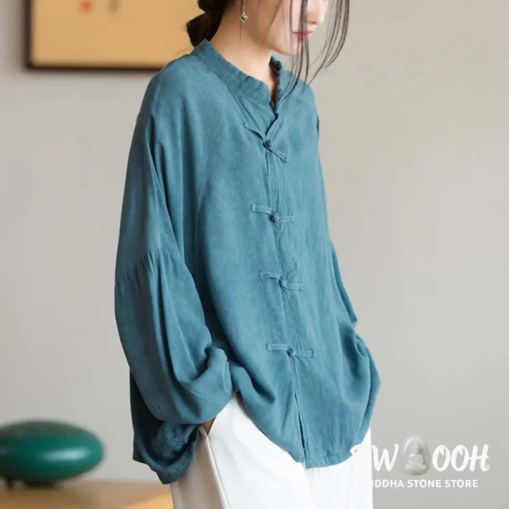 Buddha Stones Frog-Button Long Sleeve Shirt Zen Tai Chi Meditation Top Hanfu Clothing Jacket - Long Sleeve Shirt