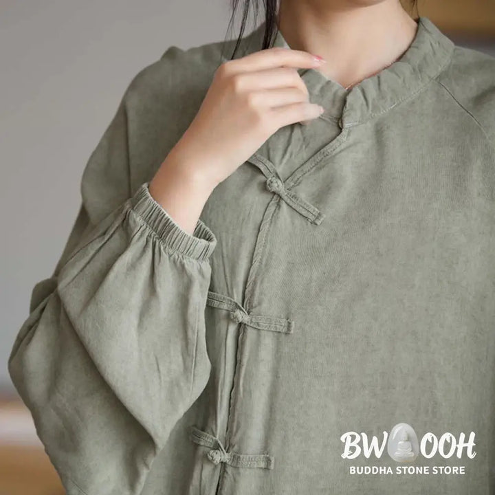 Buddha Stones Frog-Button Long Sleeve Shirt Zen Tai Chi Meditation Top Hanfu Clothing Jacket - Long Sleeve Shirt