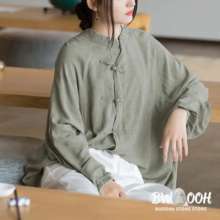 Buddha Stones Frog-Button Long Sleeve Shirt Zen Tai Chi Meditation Top Hanfu Clothing Jacket - Long Sleeve Shirt