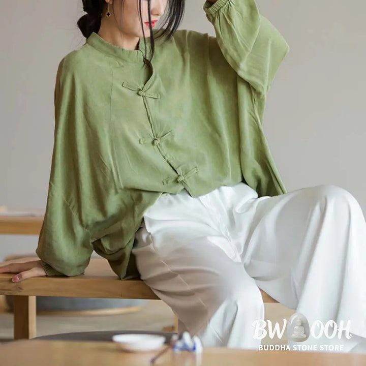 Buddha Stones Frog-Button Long Sleeve Shirt Zen Tai Chi Meditation Top Hanfu Clothing Jacket - Long Sleeve Shirt