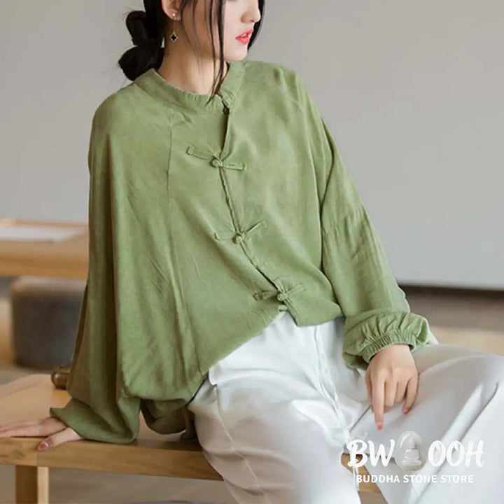 Buddha Stones Frog-Button Long Sleeve Shirt Zen Tai Chi Meditation Top Hanfu Clothing Jacket - Long Sleeve Shirt