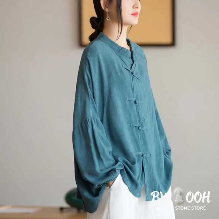 Buddha Stones Frog-Button Long Sleeve Shirt Zen Tai Chi Meditation Top Hanfu Clothing Jacket - Long Sleeve Shirt